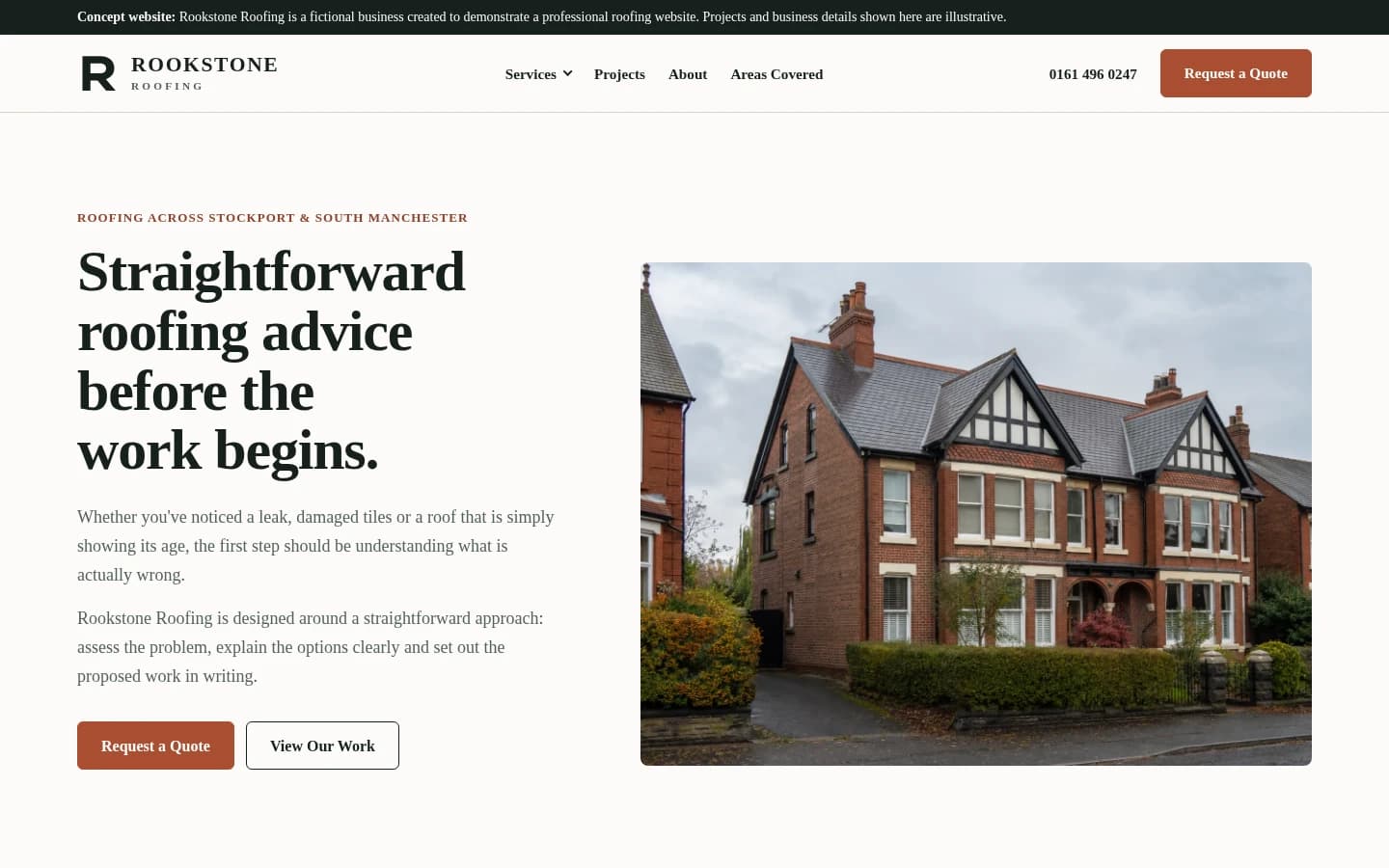 Rookstone Roofing fictional concept homepage shown at desktop width