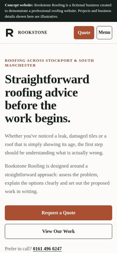 Rookstone Roofing fictional concept homepage shown at mobile width