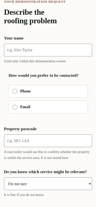 Mobile quote demonstration showing the fictional Rookstone concept enquiry journey